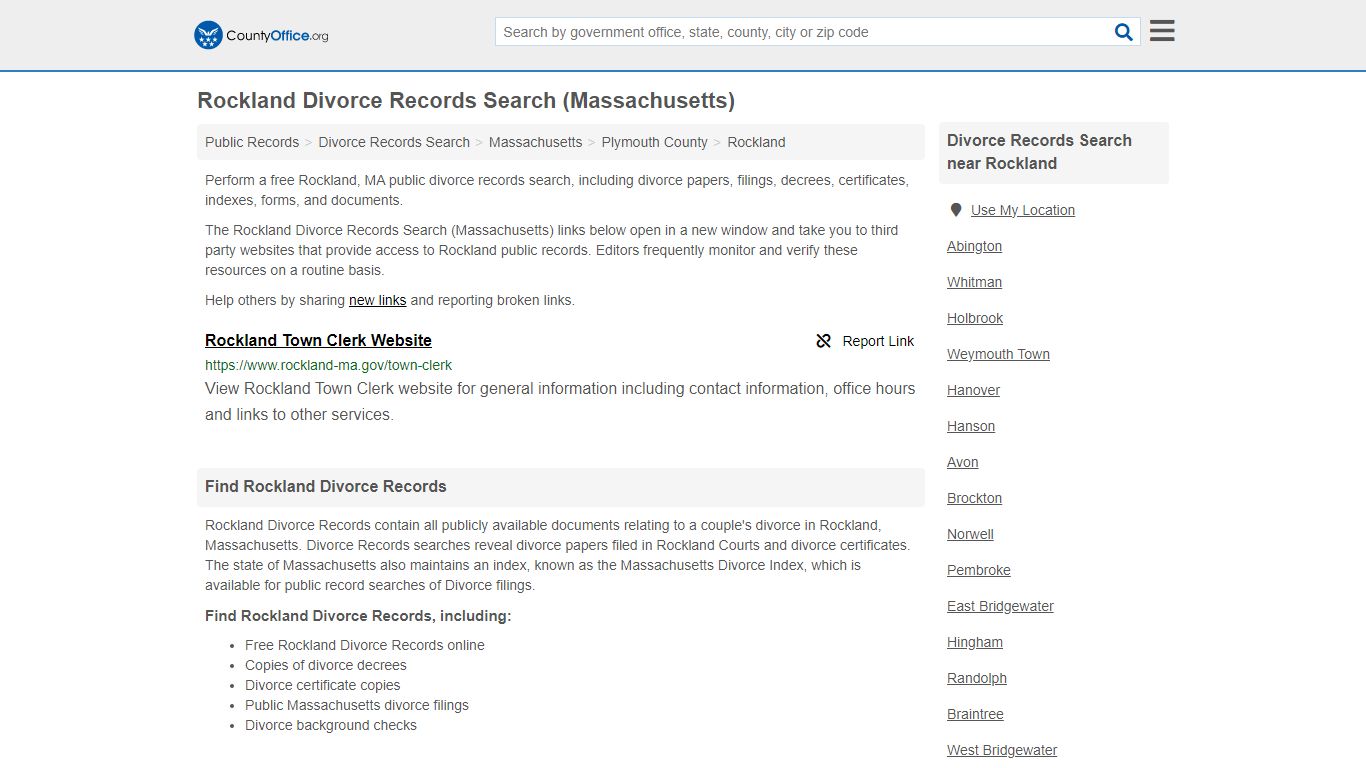 Rockland Divorce Records Search (Massachusetts) - County Office